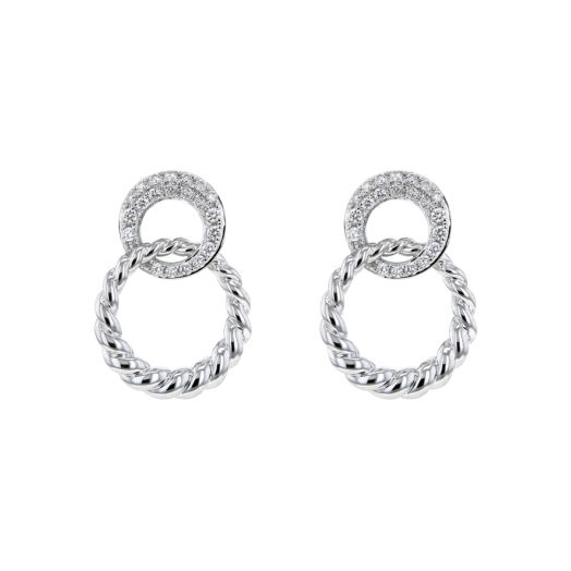 white gold earrings with two interlocking circles, the top circle is lined with white diamond rounds, interlocked with a white gold circle with a graduated twist rope design