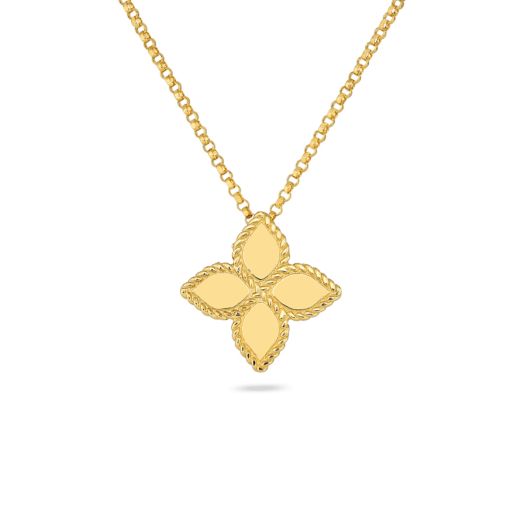 yellow gold necklace with brands iconic flower design accented with a twisted rope design