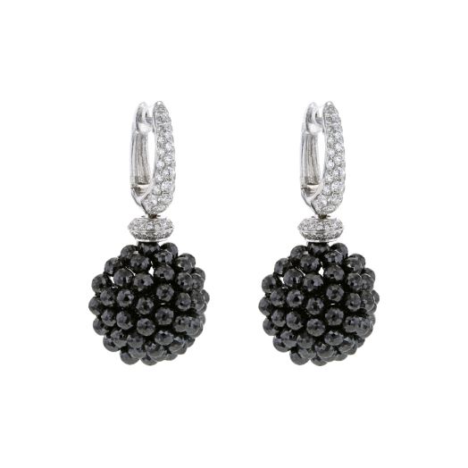 white gold mini hoop diamond lined earrings with cluster black diamond dangles
