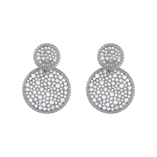 white gold earrings with double discs accented with rose-cut diamonds in their centers and lined with white diamond rounds