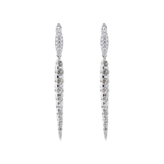 white gold dangle earrings with lined diamonds on each post, and four-sided rose-cut diamonds on each dangle