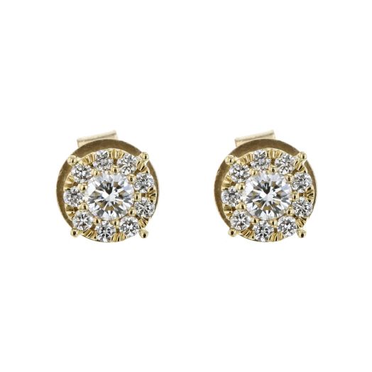 yellow gold petite stud earrings with round center stone accented with a halo of petite diamond rounds