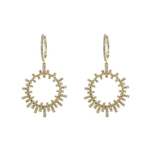 yellow gold diamond lined hoop earrings with open circle sunburst dangles, accented with diamonds