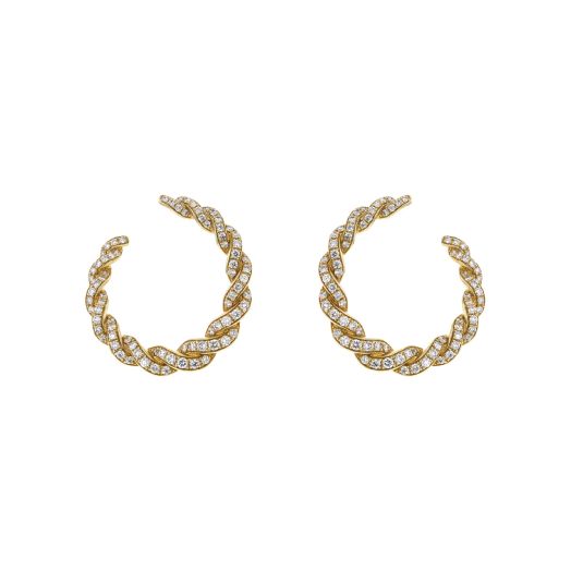 yellow gold open hoop swirl earrings featuring a twist design accented with pave diamonds