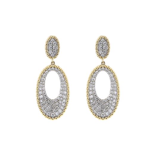 yellow gold earrings with oval posts, accented with beaded exterior, open oval design dangles from each post also accented with white diamond rounds and beaded edges