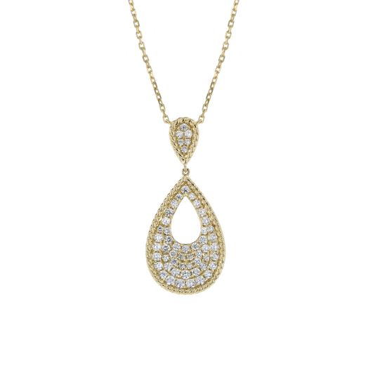 yellow gold necklace with two teardrop pendants lined with beaded edges and covered with pave diamonds