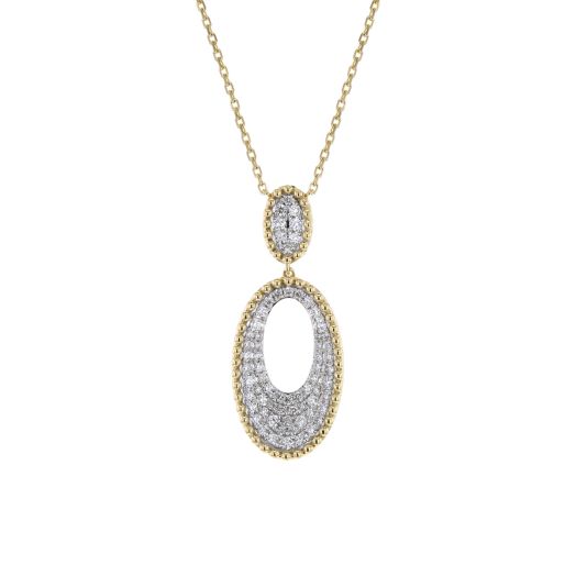 yellow gold necklace with two oval pendants lined with beaded edges and covered with pave diamonds