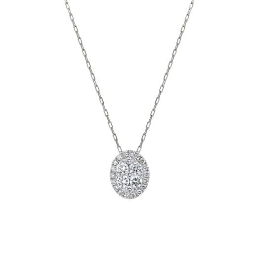 white gold necklace with oval pendant accented with four white diamond rounds set in halo of mini diamonds