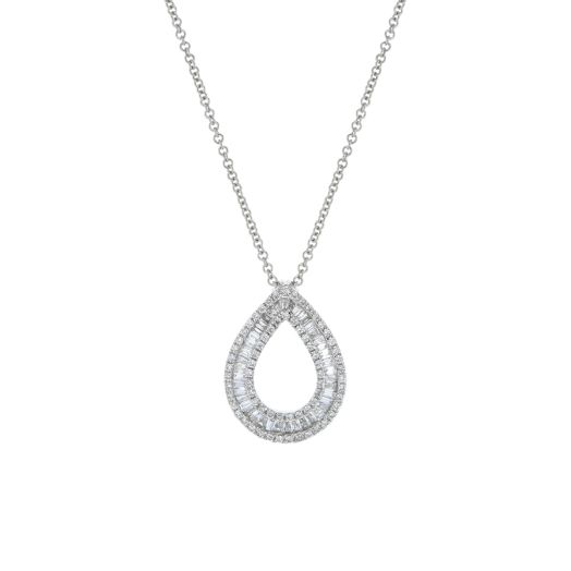 white gold necklace with open teardrop design pendant, a row of baguette cut diamonds set nestled between and inner and outer row of white diamond rounds