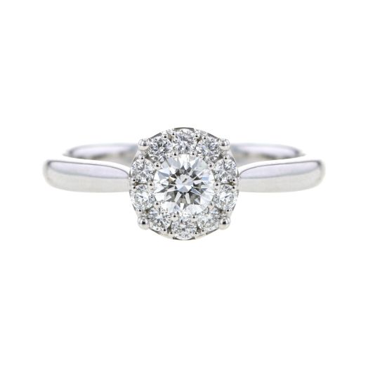 white gold ring with round-cut diamond surrounded with white diamond rounds for a cluster effect