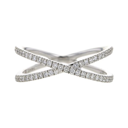 white gold crossover ring lined with diamond rounds