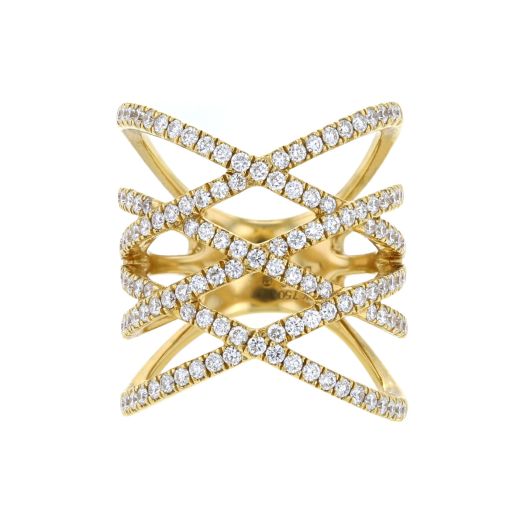 yellow gold triple crossover ring lined with diamond rounds