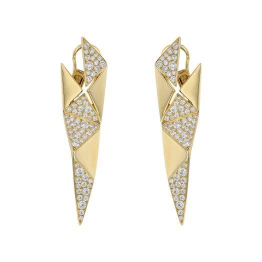 yellow gold geometric shaped earrings with multi-sized white diamond round accents
