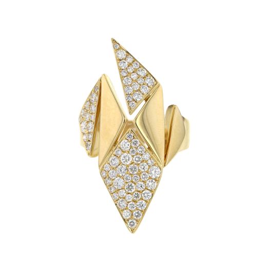 yellow gold geometric shaped ring with multi-sized diamond rounds