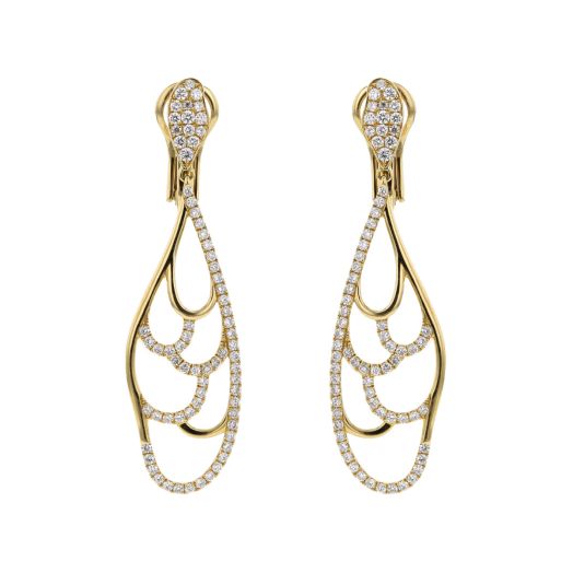 yellow gold earrings with diamond accented posts, featuring openwork diamond accented drops
