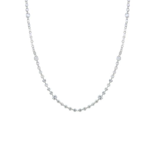 platinum necklace lined with floating white diamound rounds, enhanced with larger white diamond stations