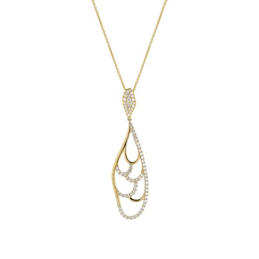 yellow gold chain with diamond accented bale, with unique shaped pendant featuring openwork design accented with diamonds
