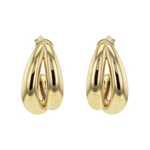 yellow gold j-hoop earrings with split crisscross design