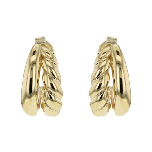 yellow gold j-hoop earrings with split design, one half smooth one with twist design