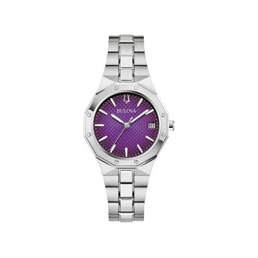 silver tone watch with purple dial