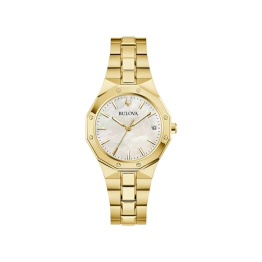 yellow-tone watch with mother of pearl dial