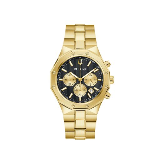 yellow tone watch with black dial