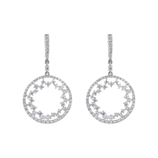 white gold drop earrings lined with diamonds featuring openwork circle dangles accented with diamonds on the exterior and interior
