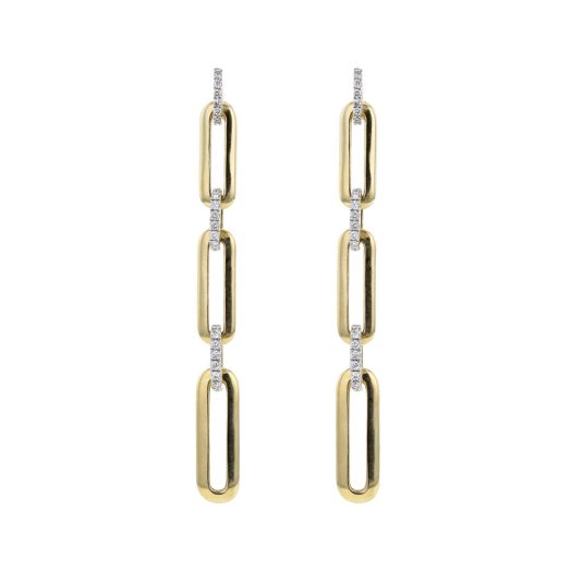 yellow gold earrings with three large links connected with diamond accented links