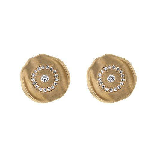 yellow gold stud earrings with hammered design featuring round diamond at the center of each stud, and framed with a diamond circle outline