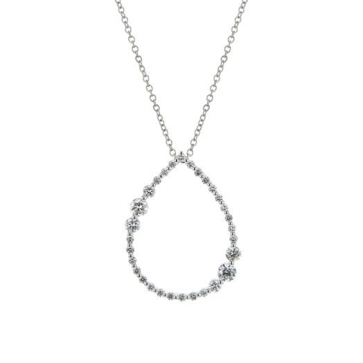 white gold link necklace with large openwork teardrop shape lined with multi-sized diamond rounds