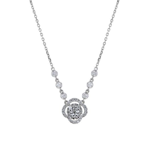 white gold link necklace with cluster diamond pendant set in floating clover halo of white diamond rounds, three bezel stations line each side of necklace