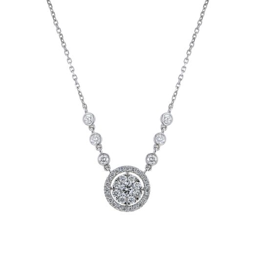 white gold link necklace with cluster diamond pendant set in floating halo of white diamond rounds, three bezel stations line each side of necklace