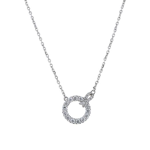 white gold link necklace with openwork circle accented with diamond rounds, diamond accented infinity design connects circle pendant to chain on one side