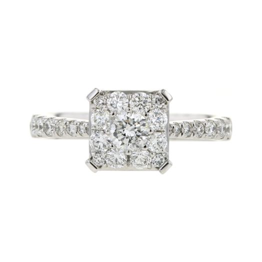 white gold ring with squared setting set with multi-sized diamond cluster, diamonds extend onto the pinched band