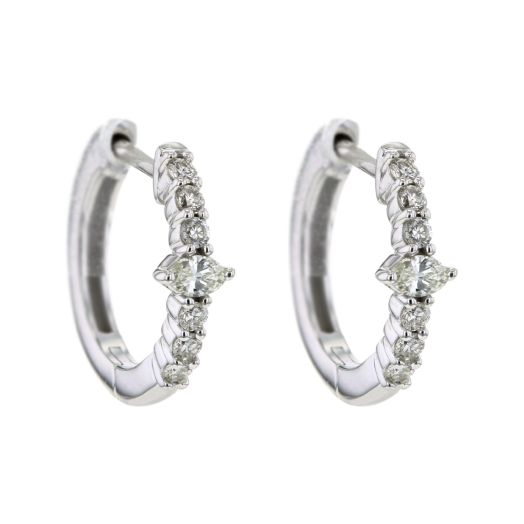 petite white gold hoops lined with diamond rounds and accented with marquise cut diamond