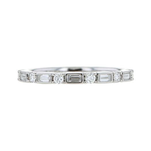 white gold band lined with alternating baguette and round-cut diamonds