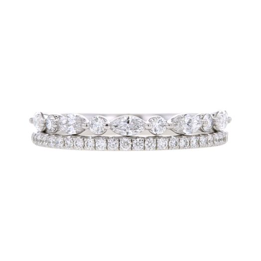 white gold band with two rows, top lined with oval and round alternating diamonds, bottom lined with pave diamond rounds