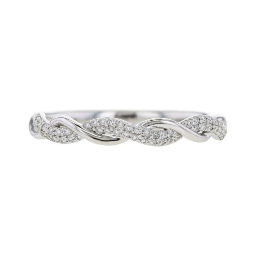 white gold band with twist detail where smooth and diamond lined links intertwined
