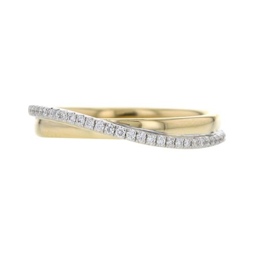 yellow gold band with white gold crossover design lined with diamonds