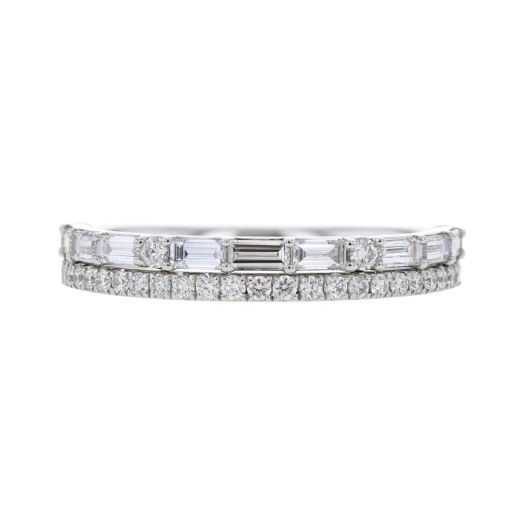 white gold band with two rows, top row lined with baguette and round accents, bottom row lined with diamond rounds