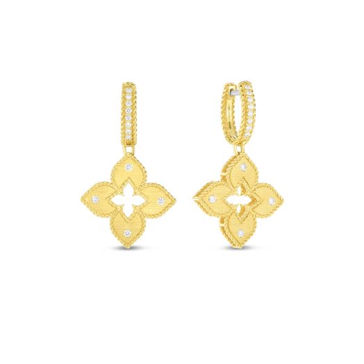 satin-finished floral motifs adorned with round brilliant diamonds, suspended from secure hoop closures