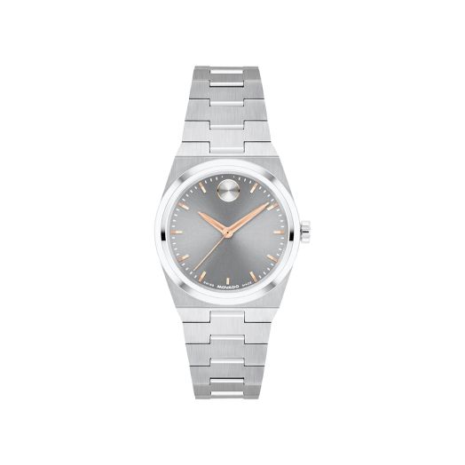 Movado BOLD Quest Mini watch with 28mm stainless steel case, grey dial, and stainless steel link bracelet.