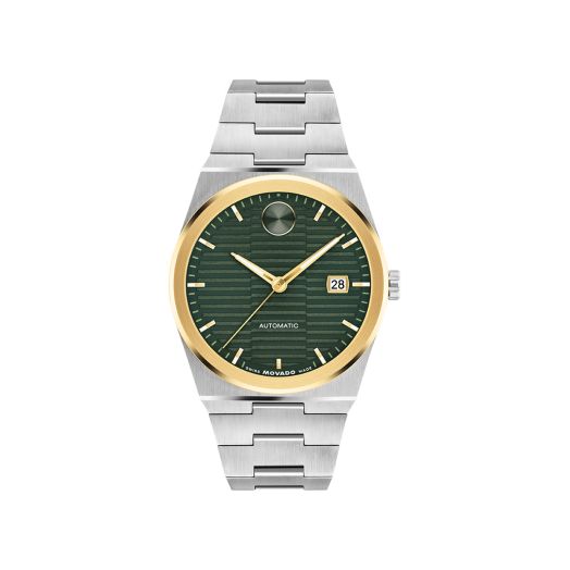 Movado BOLD Quest Automatic watch with 38mm stainless steel case, green dial, and stainless steel link bracelet.
