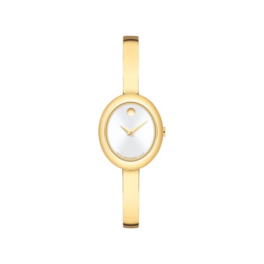 Movado Museum Bangle women’s watch with 21MM oval light yellow gold PVD-finished stainless steel case, silver-white dial, and matching bangle bracelet.