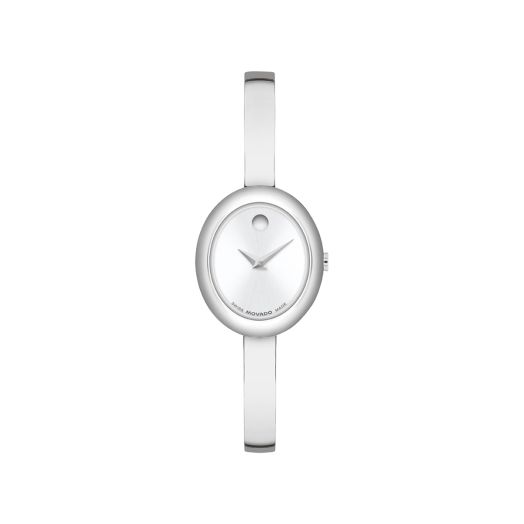 21MM oval stainless steel case, silver-white dial, and polished stainless steel bangle bracelet.