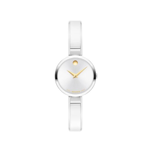 42MM stainless steel case, silver-white dial, and polished stainless steel bangle bracelet.