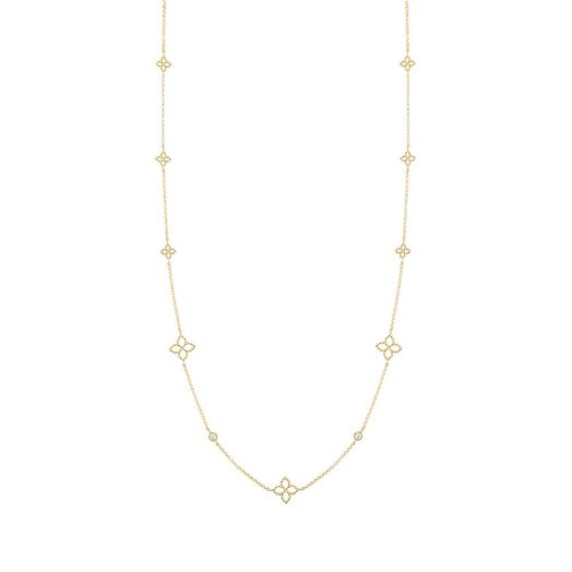 station necklace with diamond and flower details in 18K yellow gold