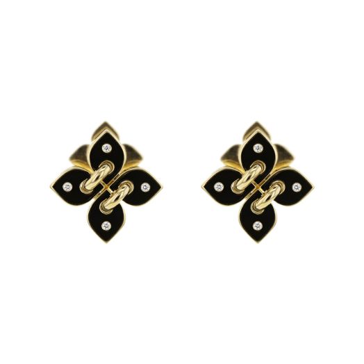 yellow gold stud earrings with black enamel flowers and diamond rounds