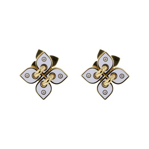 yellow gold flower stud earrings with white enamel detail and petite diamond rounds