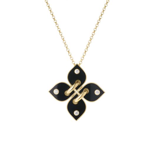 necklace with a black enamel and diamond flower pendant in 18K yellow gold
